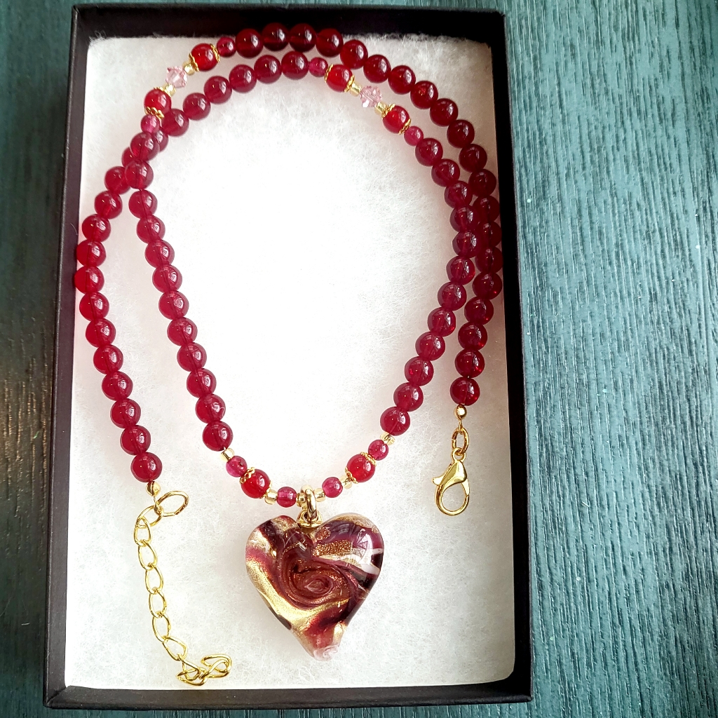 New Authentic Venetian Murano Glass Red Gold Rose Heart Necklace Valentines Day 100$